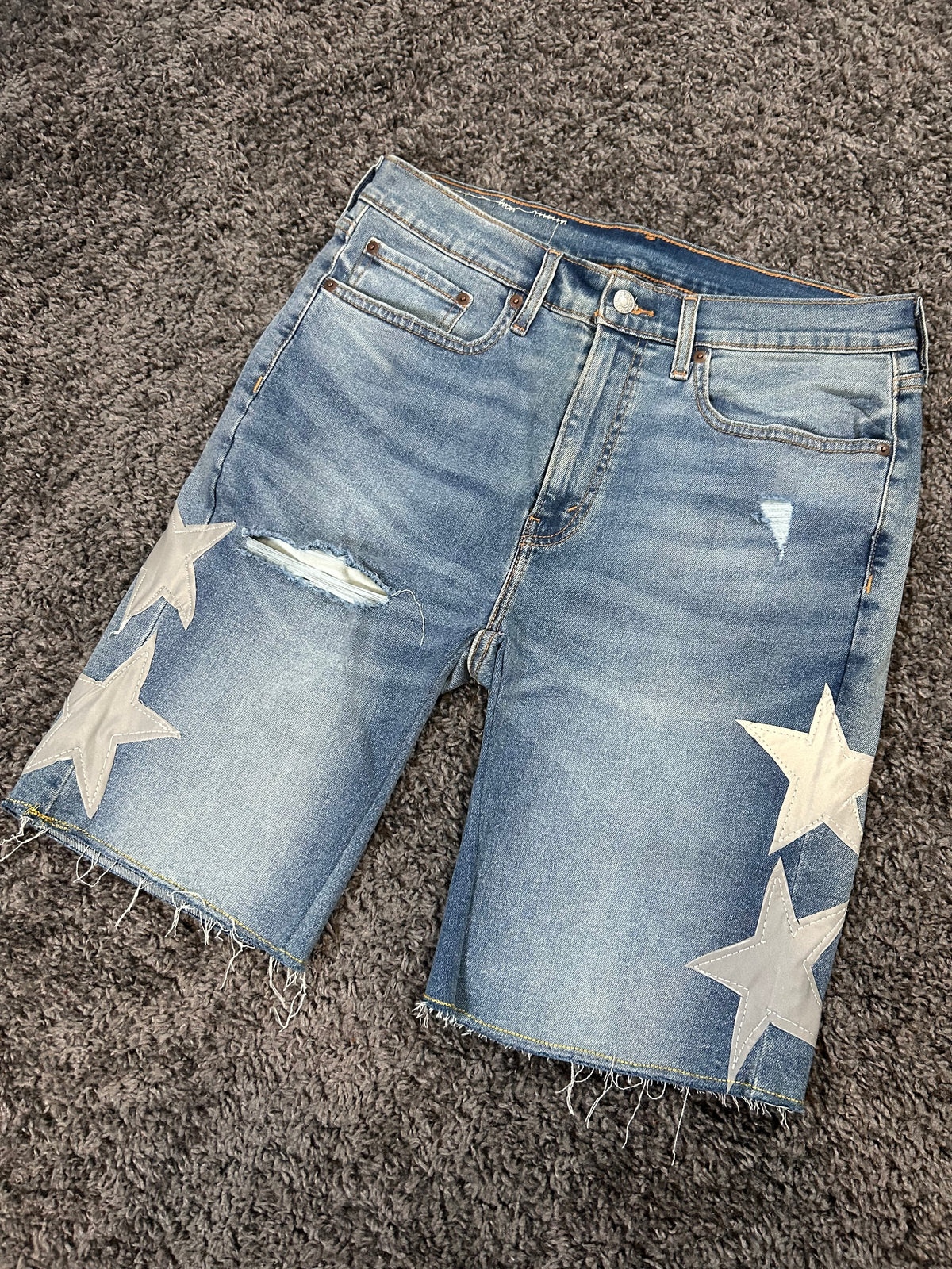 Star Appliqué Upcycled Denim Jorts – Light Blue