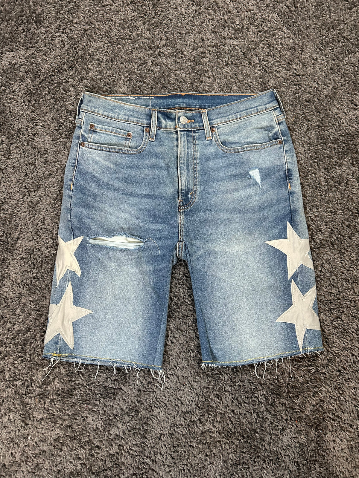 Star Appliqué Upcycled Denim Jorts – Light Blue