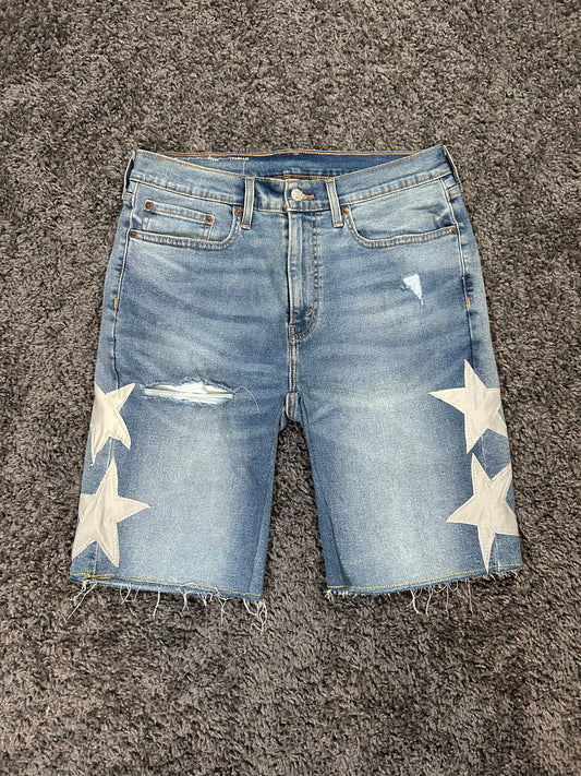 Star Appliqué Upcycled Denim Jorts – Light Blue