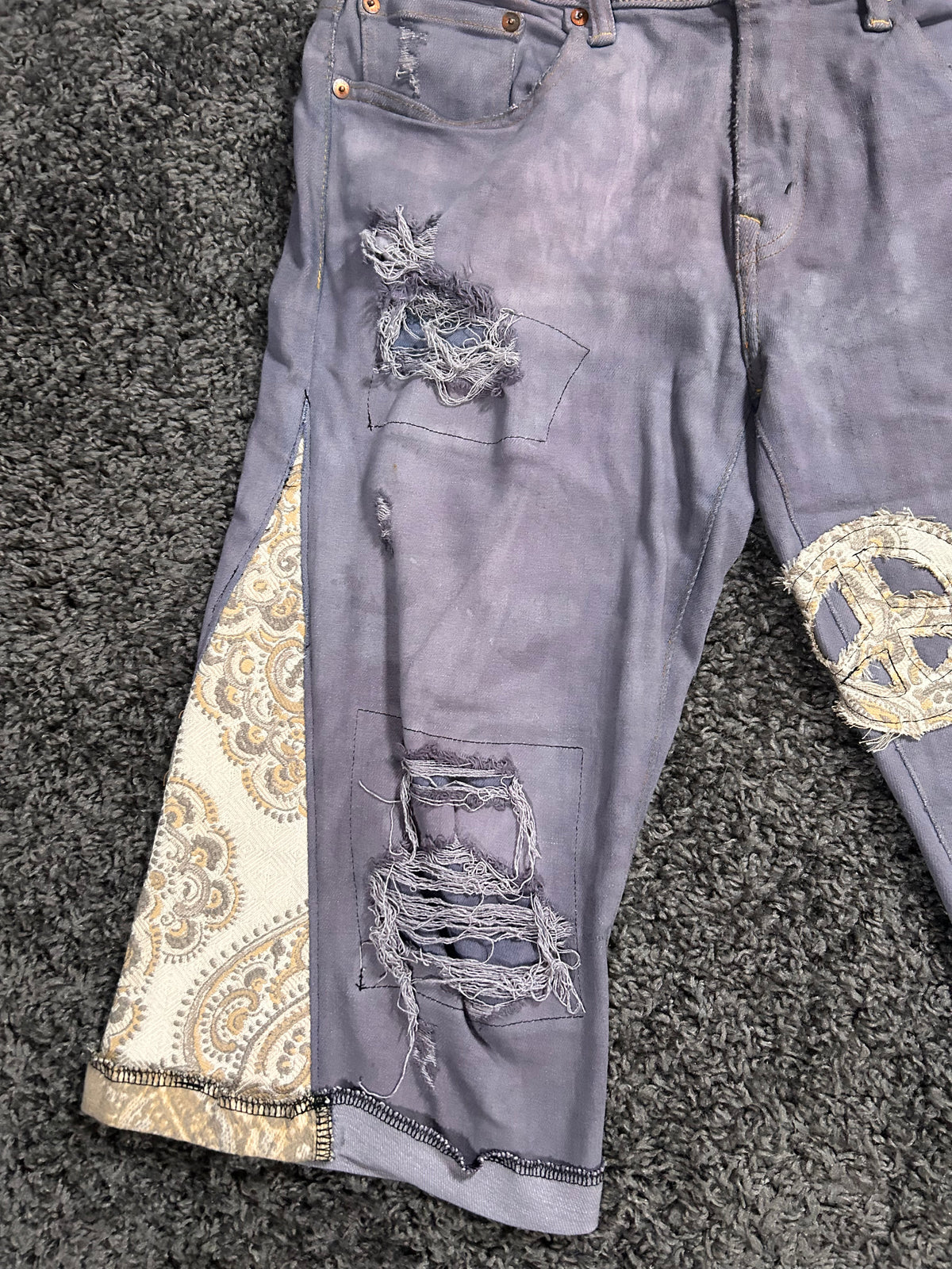 Upcycled & Repaired Gaucho 3/4 Jorts – Distressed Grey Paisley