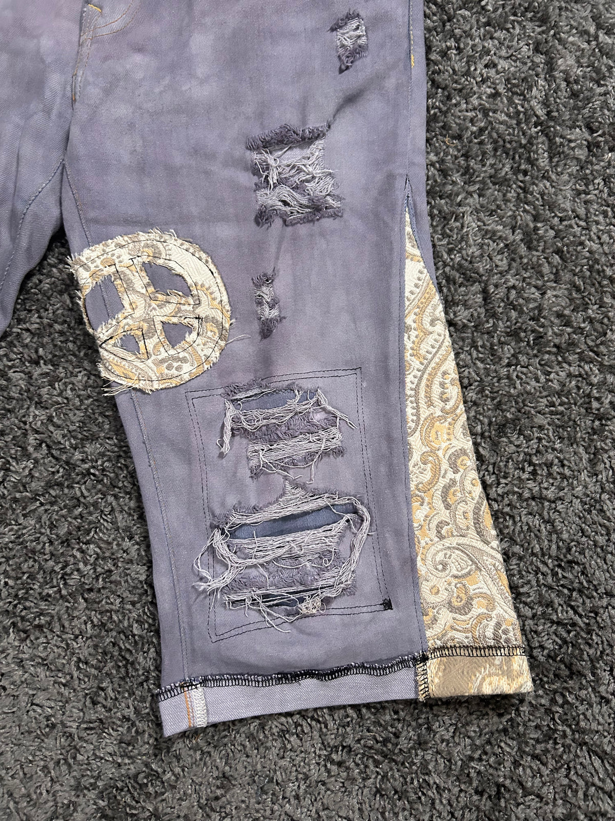 Upcycled & Repaired Gaucho 3/4 Jorts – Distressed Grey Paisley