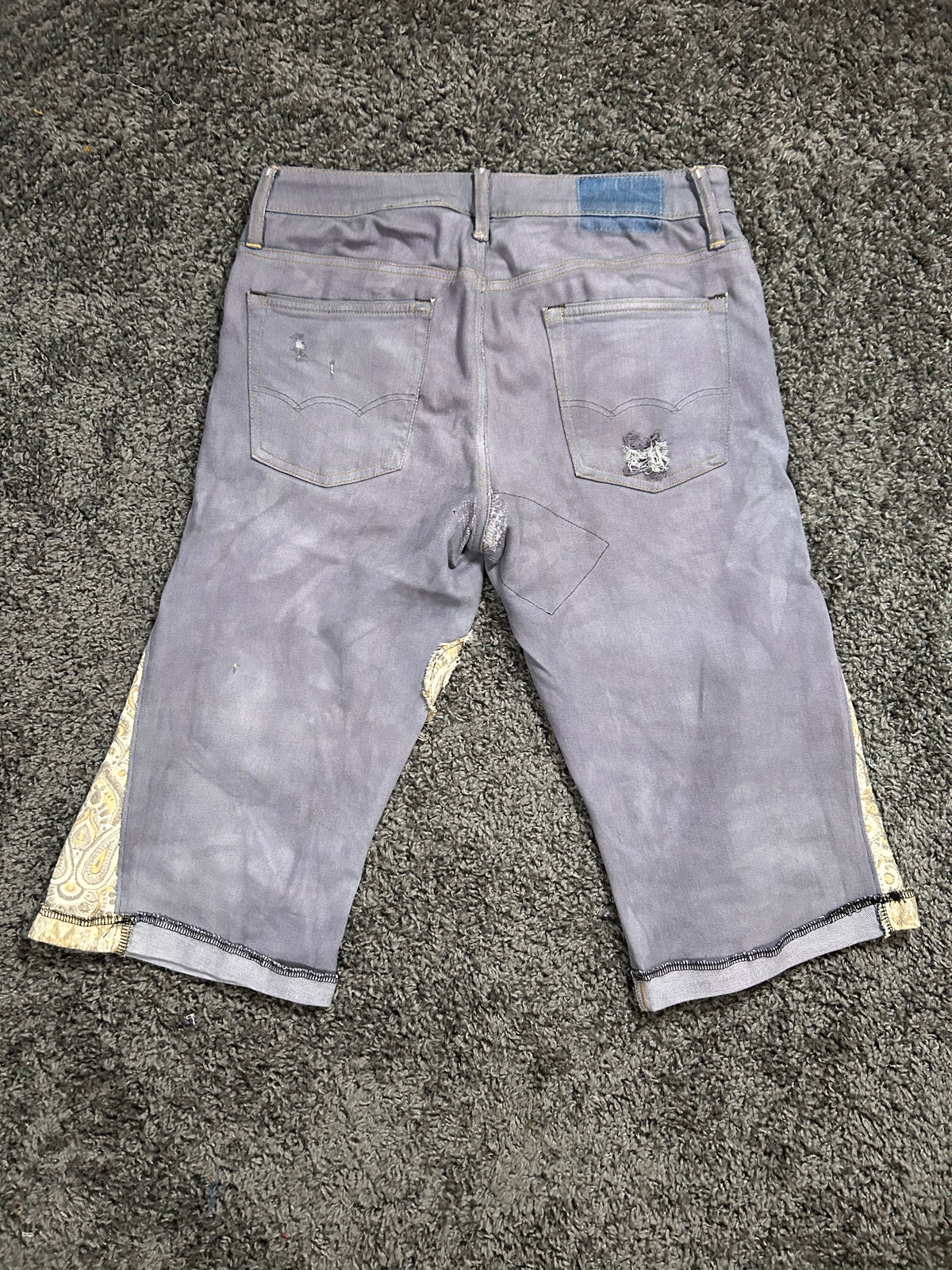 Upcycled & Repaired Gaucho 3/4 Jorts – Distressed Grey Paisley