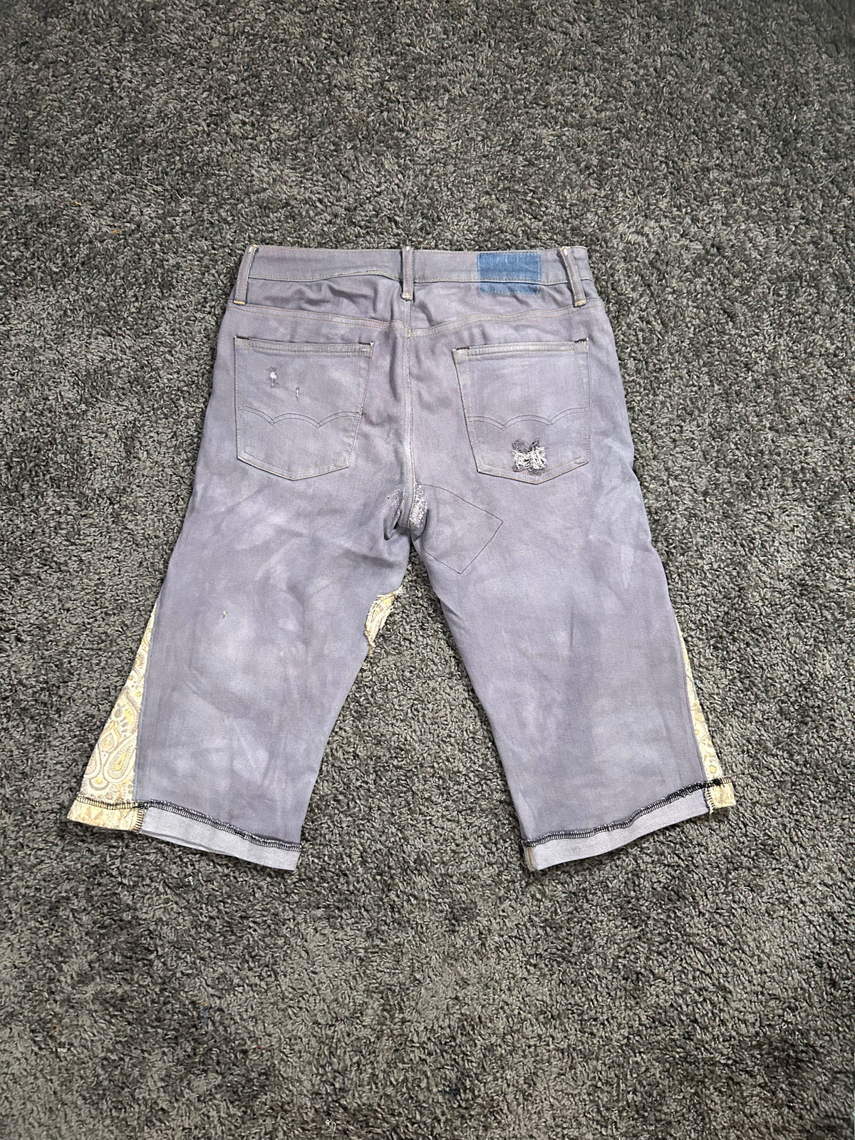 Upcycled & Repaired Gaucho 3/4 Jorts – Distressed Grey Paisley
