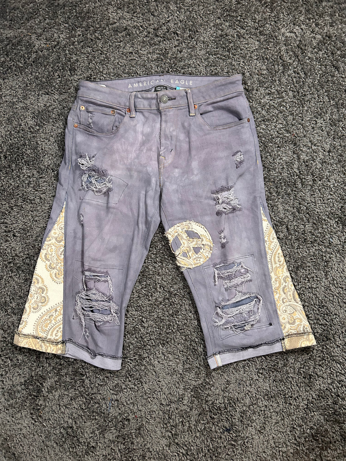 Upcycled & Repaired Gaucho 3/4 Jorts – Distressed Grey Paisley