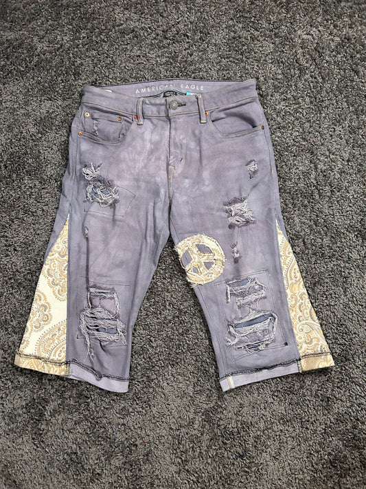 Upcycled & Repaired Gaucho 3/4 Jorts – Distressed Grey Paisley