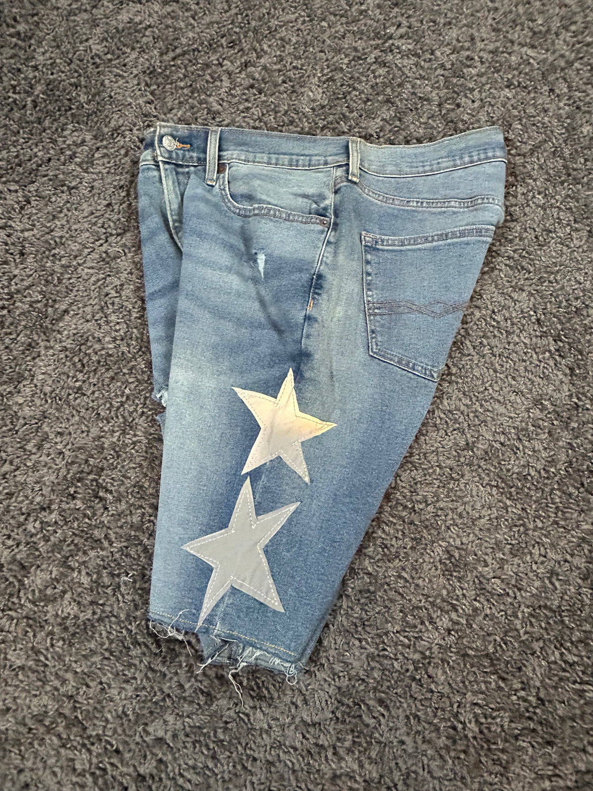 Star Appliqué Upcycled Denim Jorts – Light Blue