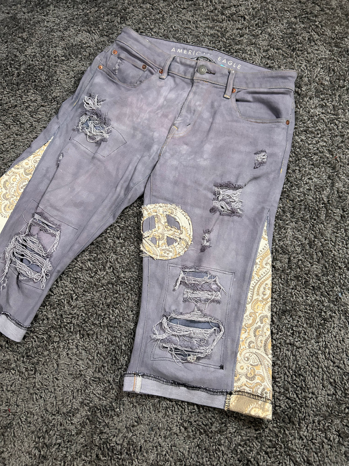 Upcycled & Repaired Gaucho 3/4 Jorts – Distressed Grey Paisley