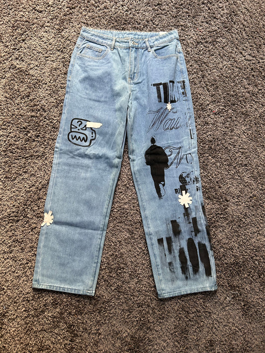“Time waits for no one” custom Jeans